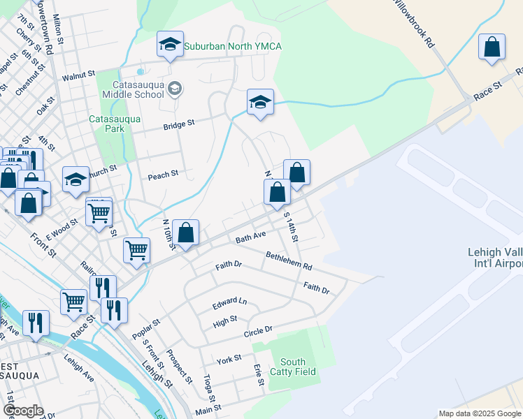 map of restaurants, bars, coffee shops, grocery stores, and more near 610 Race Street in Catasauqua
