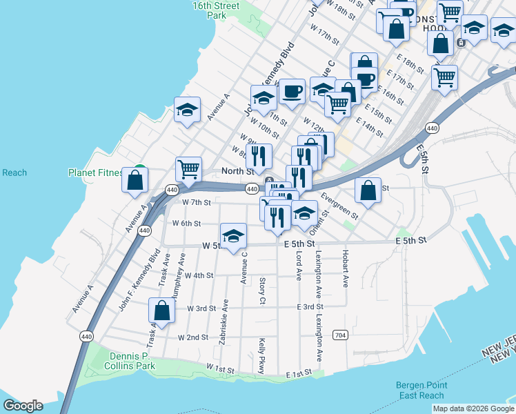 map of restaurants, bars, coffee shops, grocery stores, and more near 192 Avenue C in Bayonne