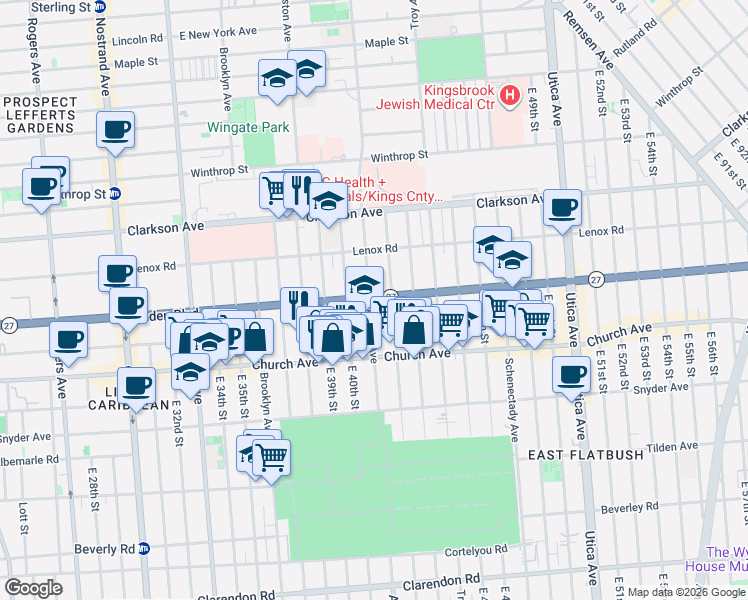 map of restaurants, bars, coffee shops, grocery stores, and more near 520 Linden Boulevard in Brooklyn