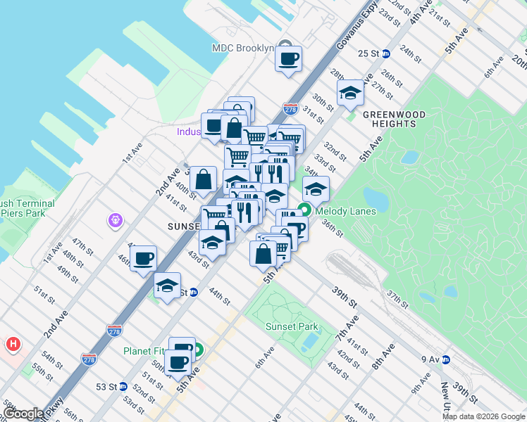 map of restaurants, bars, coffee shops, grocery stores, and more near 4th Avenue & 38th Street in Brooklyn