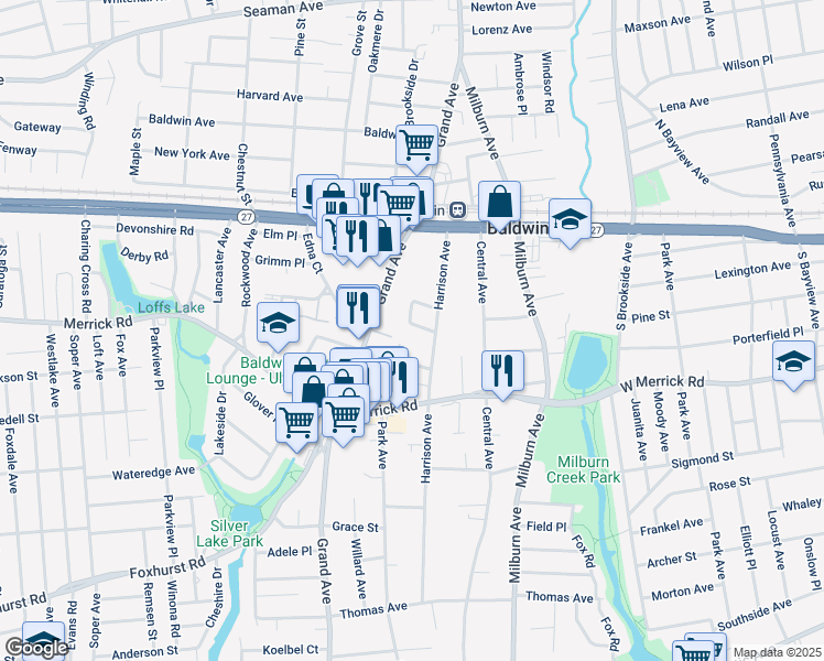 map of restaurants, bars, coffee shops, grocery stores, and more near 719 Bixby Drive in Baldwin