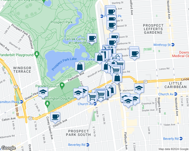 map of restaurants, bars, coffee shops, grocery stores, and more near 74 Woodruff Avenue in Brooklyn