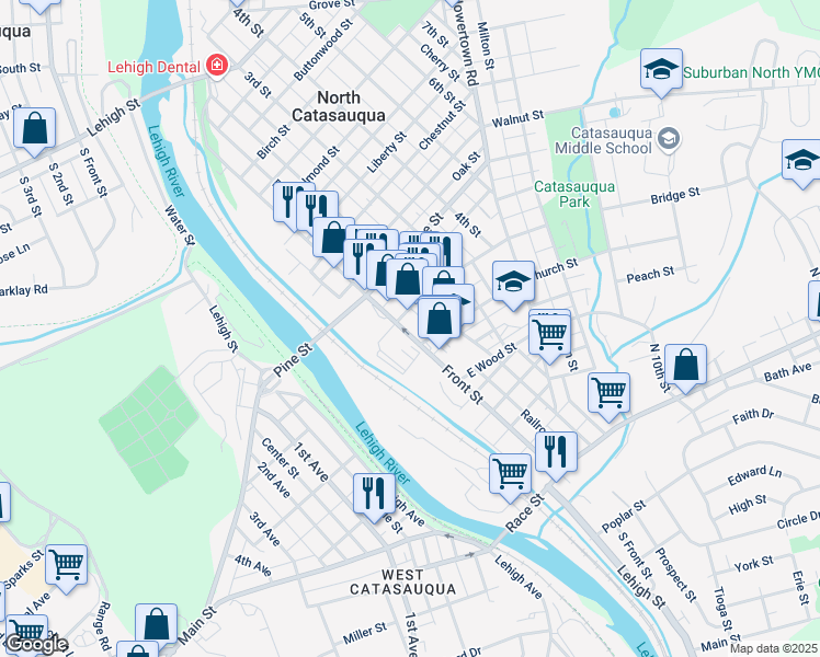map of restaurants, bars, coffee shops, grocery stores, and more near 419 Front Street in Catasauqua