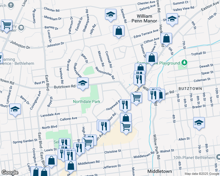 map of restaurants, bars, coffee shops, grocery stores, and more near 2065 Hopewell Road in Bethlehem