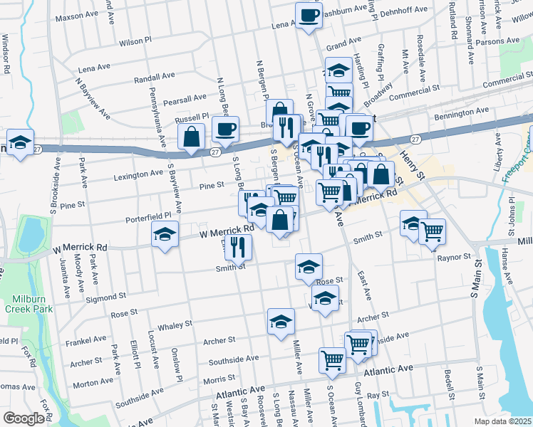 map of restaurants, bars, coffee shops, grocery stores, and more near 190 West Merrick Road in Freeport