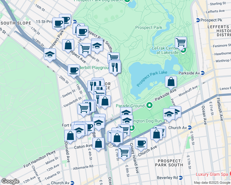 map of restaurants, bars, coffee shops, grocery stores, and more near 180 Prospect Park Southwest in Brooklyn