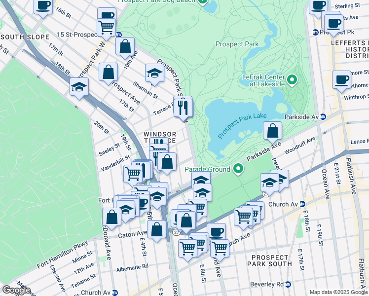 map of restaurants, bars, coffee shops, grocery stores, and more near 180 Prospect Park Southwest in Brooklyn