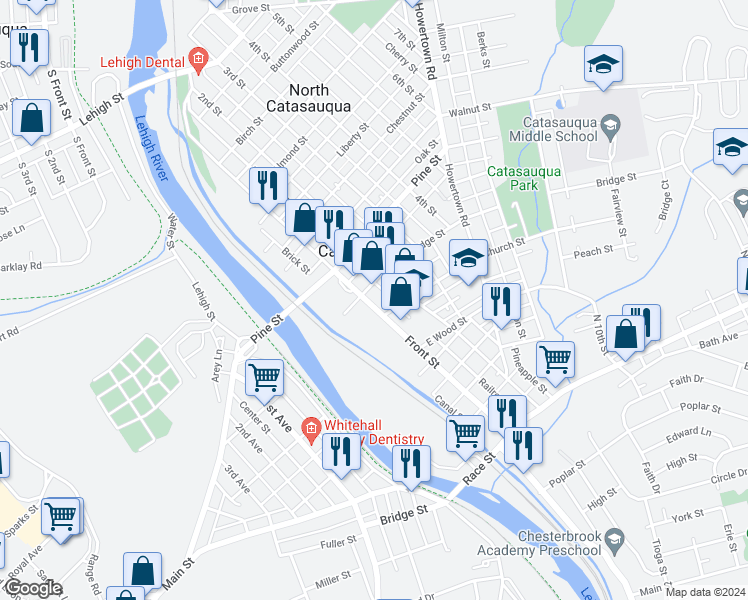 map of restaurants, bars, coffee shops, grocery stores, and more near 419 Front Street in Catasauqua
