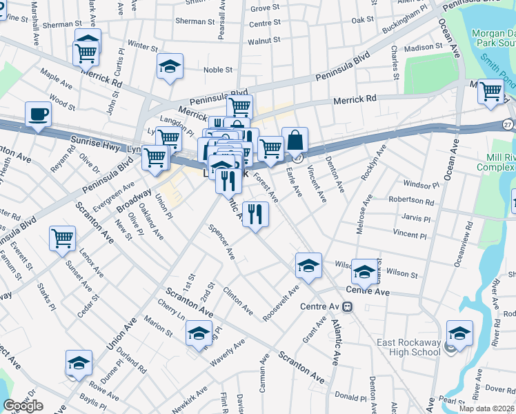 map of restaurants, bars, coffee shops, grocery stores, and more near 23 Doxsey Place in Lynbrook