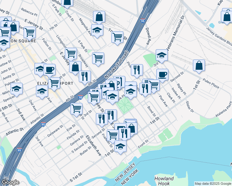 map of restaurants, bars, coffee shops, grocery stores, and more near 3rd Street & South Park Street in Elizabeth