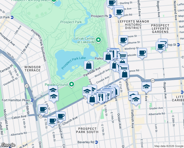 map of restaurants, bars, coffee shops, grocery stores, and more near 121 Parkside Avenue in Brooklyn