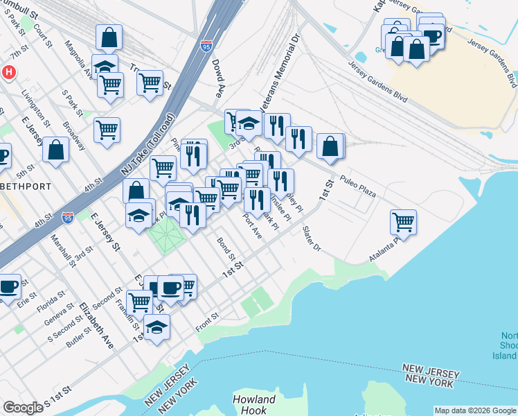 map of restaurants, bars, coffee shops, grocery stores, and more near 145 Port Avenue in Elizabeth