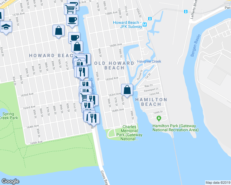 map of restaurants, bars, coffee shops, grocery stores, and more near 97-01 163rd Avenue in Queens