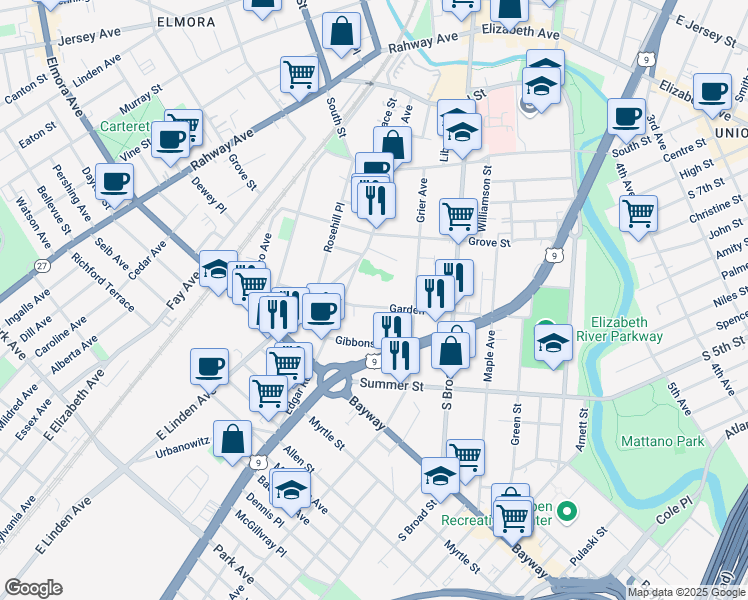 map of restaurants, bars, coffee shops, grocery stores, and more near 852 Garden Street in Elizabeth