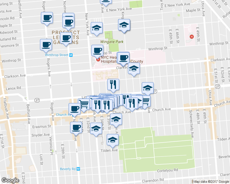 map of restaurants, bars, coffee shops, grocery stores, and more near 411 Linden Boulevard in Brooklyn