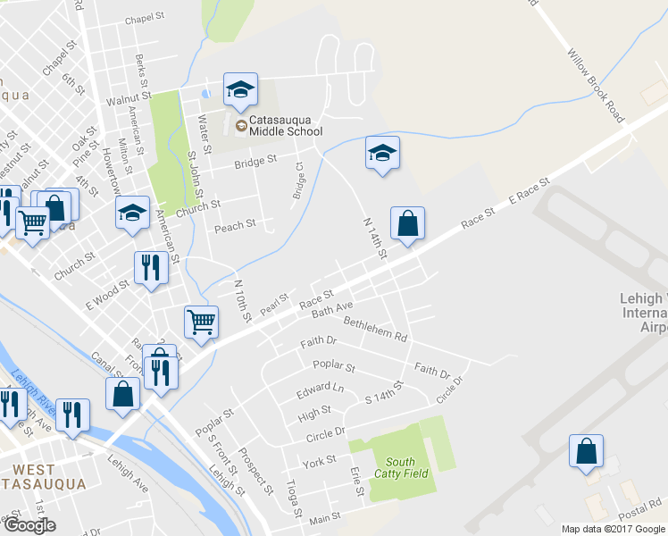 map of restaurants, bars, coffee shops, grocery stores, and more near 26 North 12th Street in Catasauqua