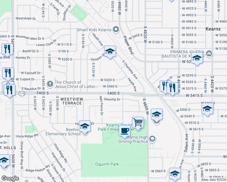 map of restaurants, bars, coffee shops, grocery stores, and more near 5002 West 5400 South in Salt Lake City
