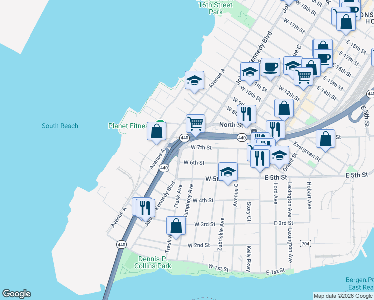 map of restaurants, bars, coffee shops, grocery stores, and more near 157 Humphrey Avenue in Bayonne