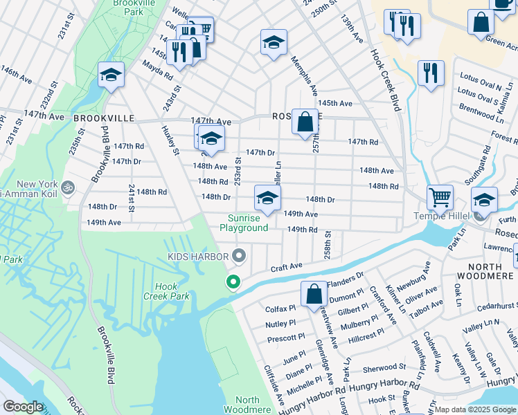 map of restaurants, bars, coffee shops, grocery stores, and more near 253-41 149th Avenue in Queens