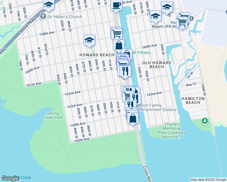 map of restaurants, bars, coffee shops, grocery stores, and more near 16230 91st Street in Queens