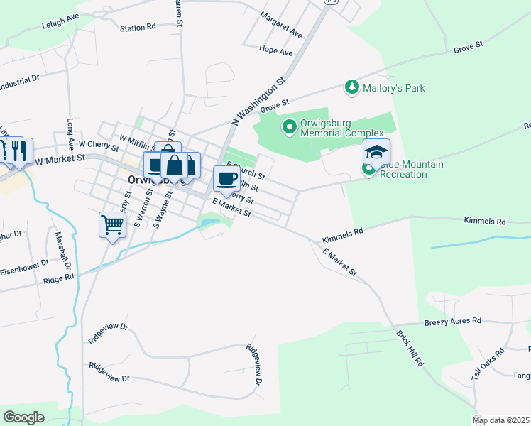 map of restaurants, bars, coffee shops, grocery stores, and more near 527 Lantern Green Way in Orwigsburg
