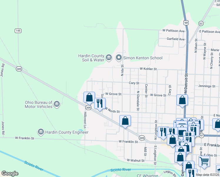 map of restaurants, bars, coffee shops, grocery stores, and more near 906 West Grove Street in Kenton