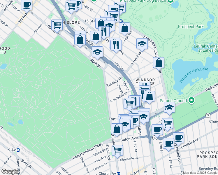 map of restaurants, bars, coffee shops, grocery stores, and more near 4 Terrace Place in Brooklyn