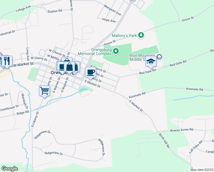 map of restaurants, bars, coffee shops, grocery stores, and more near 527 Lantern Green Way in Orwigsburg