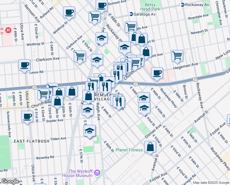 map of restaurants, bars, coffee shops, grocery stores, and more near 555 East 91st Street in Brooklyn