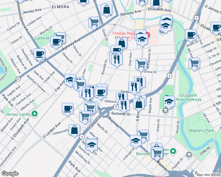 map of restaurants, bars, coffee shops, grocery stores, and more near 852 Garden Street in Elizabeth