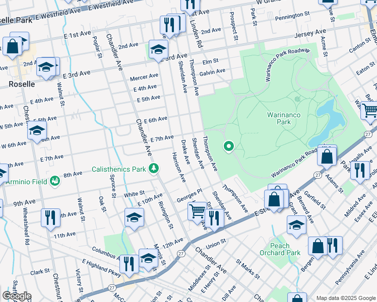 map of restaurants, bars, coffee shops, grocery stores, and more near 728 Sheridan Avenue in Roselle