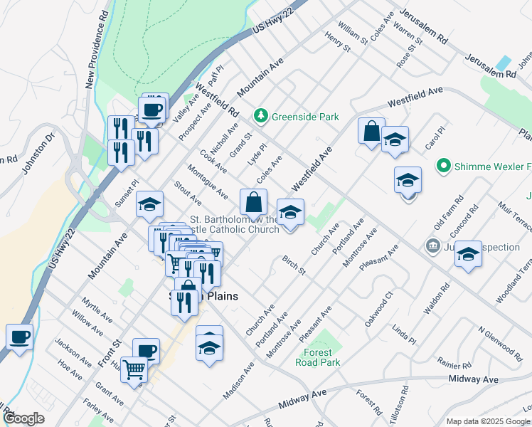 map of restaurants, bars, coffee shops, grocery stores, and more near 2034 Westfield Avenue in Scotch Plains