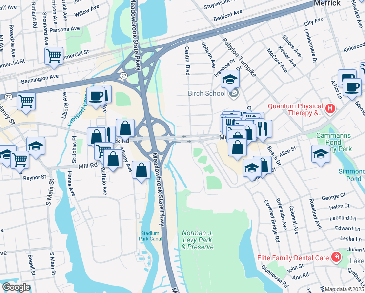 map of restaurants, bars, coffee shops, grocery stores, and more near 1600 Merrick Road in Merrick