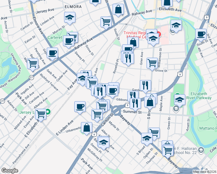 map of restaurants, bars, coffee shops, grocery stores, and more near 932 Garden Street in Elizabeth