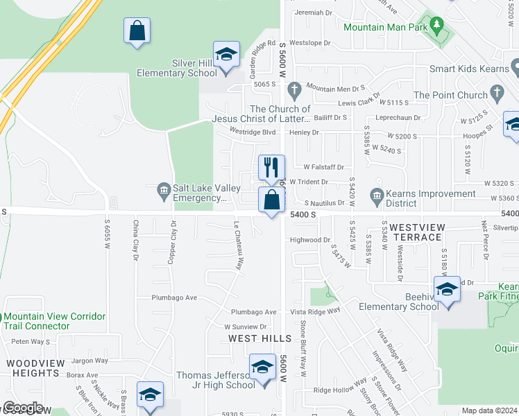 map of restaurants, bars, coffee shops, grocery stores, and more near 5678 West Pelican Ridge Lane in West Valley City