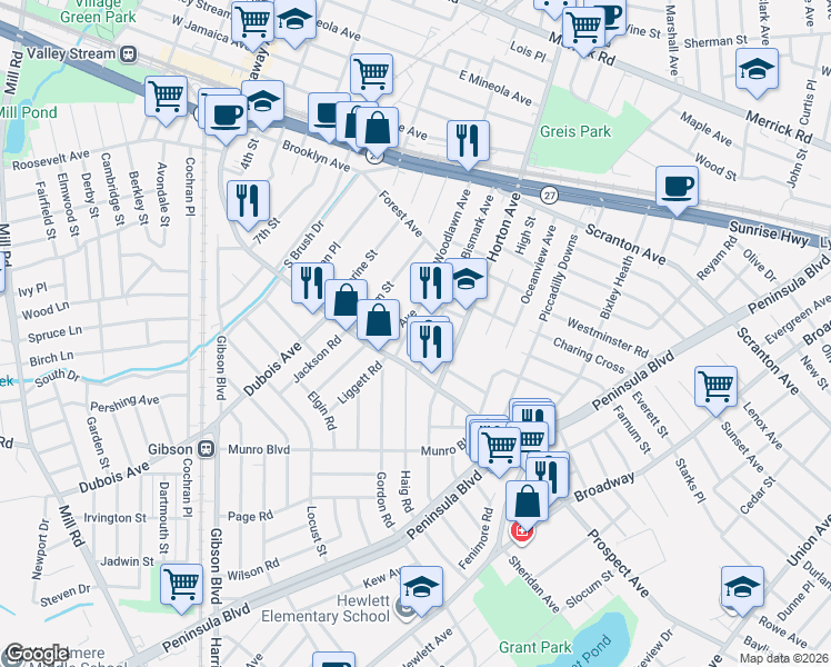 map of restaurants, bars, coffee shops, grocery stores, and more near 23 Bismark Avenue in Valley Stream