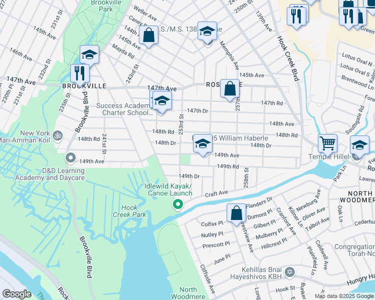map of restaurants, bars, coffee shops, grocery stores, and more near 253-41 149th Avenue in Queens