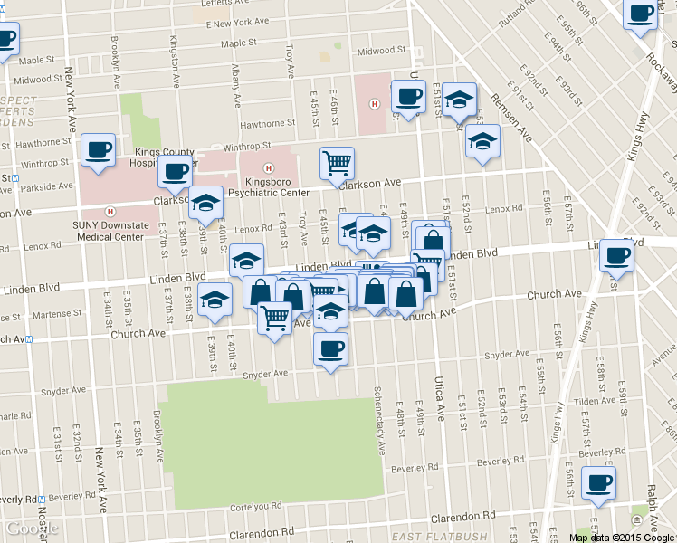 map of restaurants, bars, coffee shops, grocery stores, and more near 355 East 45th Street in Brooklyn