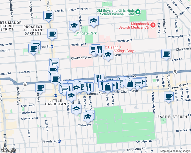 map of restaurants, bars, coffee shops, grocery stores, and more near 446 Linden Boulevard in Brooklyn