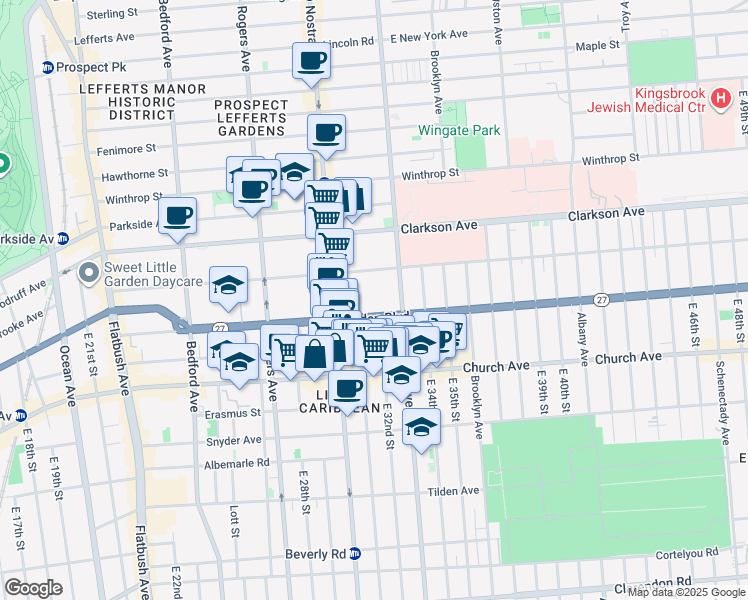 map of restaurants, bars, coffee shops, grocery stores, and more near 287 Linden Boulevard in Brooklyn