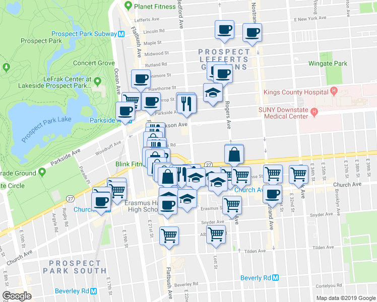 map of restaurants, bars, coffee shops, grocery stores, and more near 2101 Bedford Avenue in Brooklyn