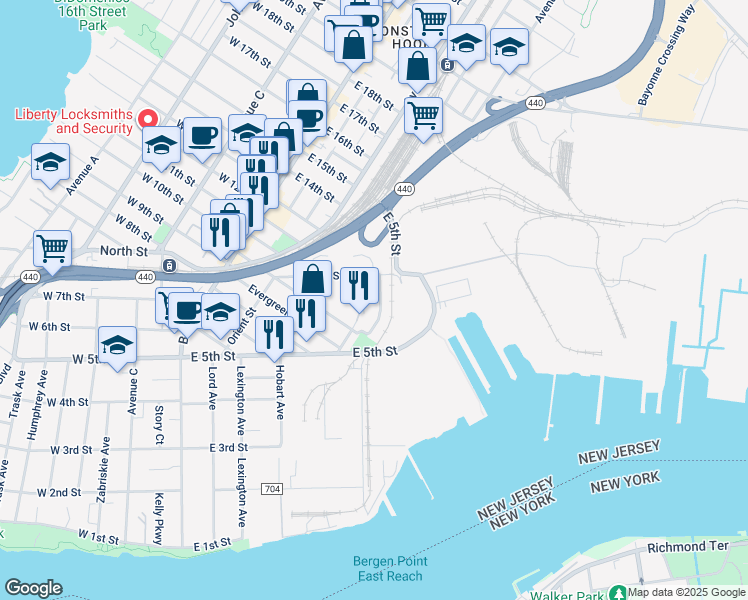 map of restaurants, bars, coffee shops, grocery stores, and more near 56 Isabella Avenue in Bayonne