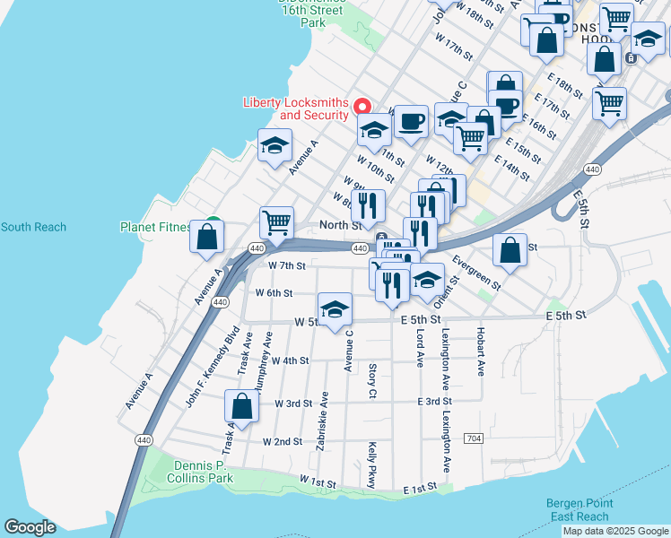 map of restaurants, bars, coffee shops, grocery stores, and more near 166 Newman Avenue in Bayonne