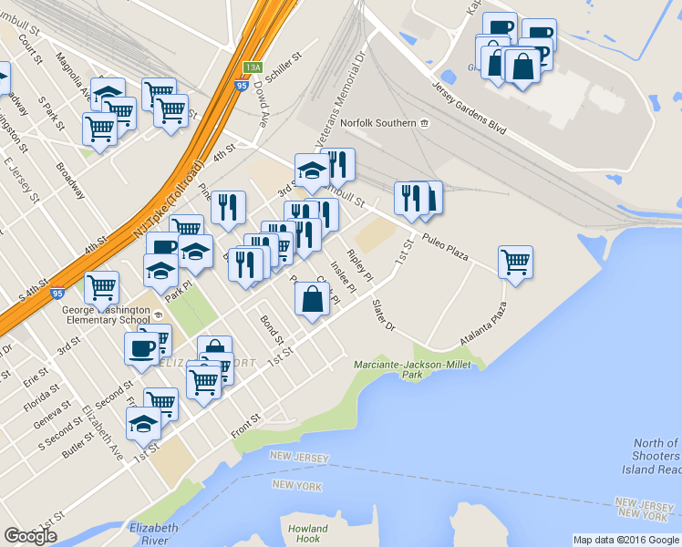 map of restaurants, bars, coffee shops, grocery stores, and more near 124-128 Inslee Place in Elizabeth