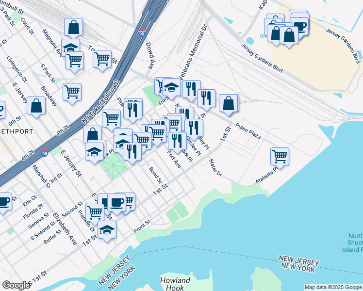 map of restaurants, bars, coffee shops, grocery stores, and more near 145 Port Avenue in Elizabeth