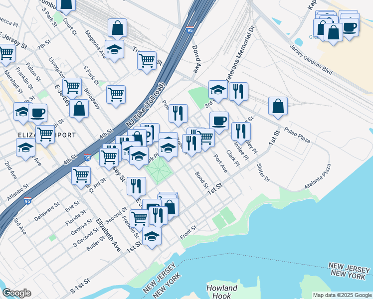 map of restaurants, bars, coffee shops, grocery stores, and more near 214 Bond Street in Elizabeth