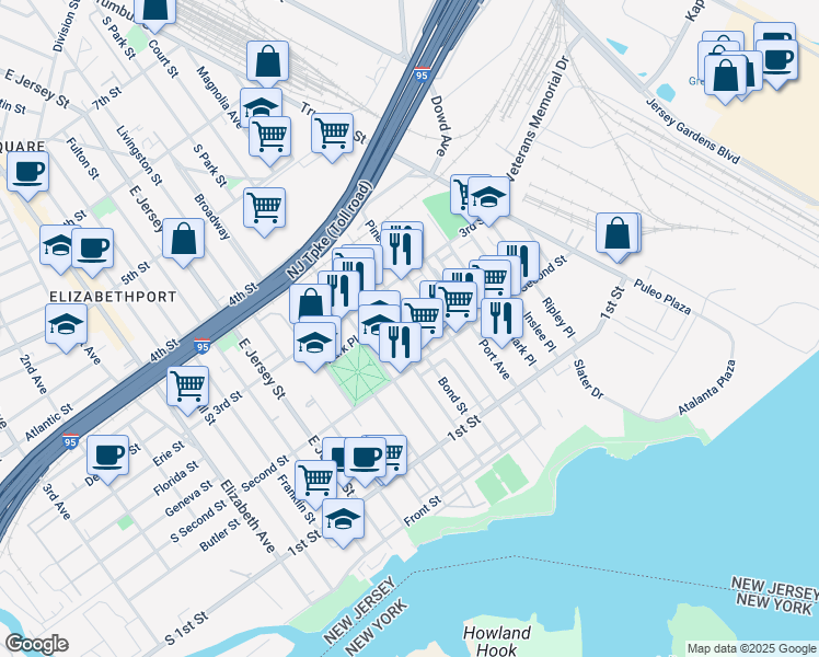 map of restaurants, bars, coffee shops, grocery stores, and more near 214 Bond Street in Elizabeth