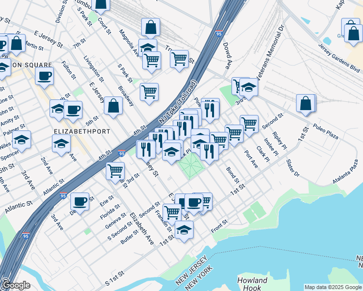 map of restaurants, bars, coffee shops, grocery stores, and more near 152 Park Place in Elizabeth