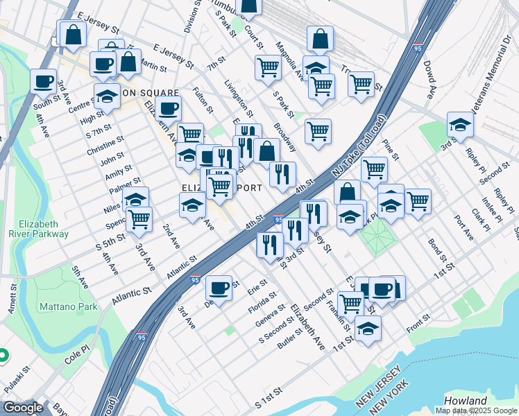 map of restaurants, bars, coffee shops, grocery stores, and more near 62 4th Street in Elizabeth