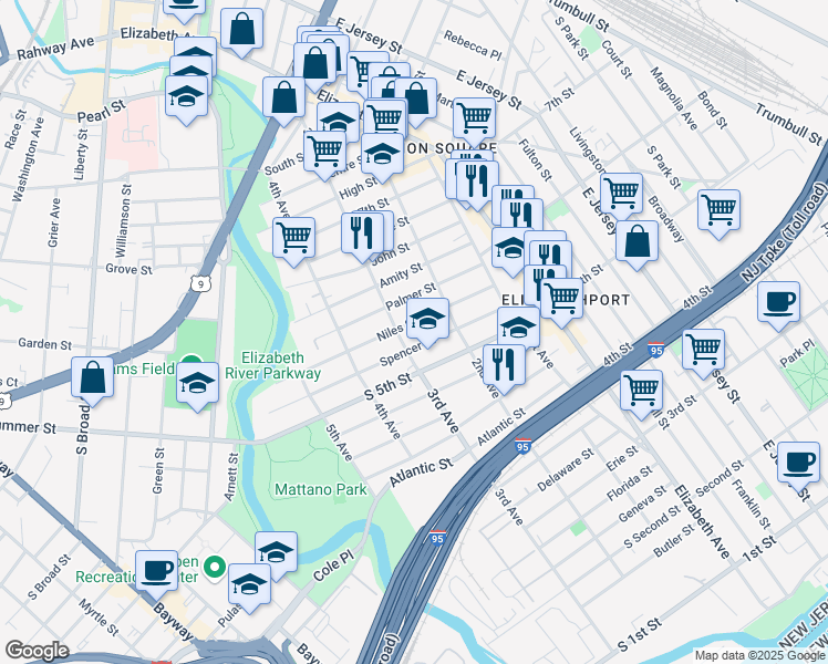 map of restaurants, bars, coffee shops, grocery stores, and more near 523 3rd Avenue in Elizabeth
